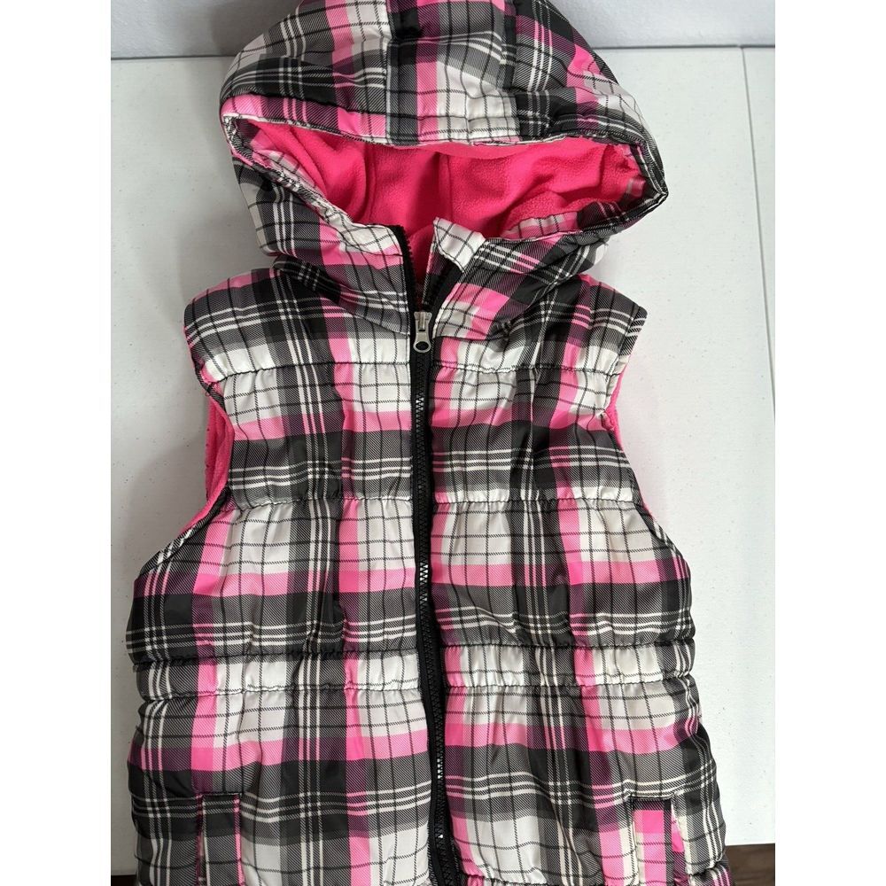Athletech Girls Large 10/12 Black Pink Plaid Insulated Lined Hooded Puffer Vest